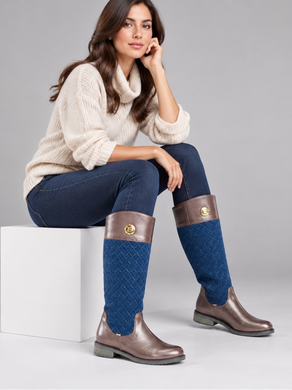 BOSI Riding Boots Quilted Blue Suede and Brown Smooth Leather Womens Size 5 - Picture 3 of 12
